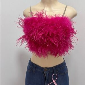 Fuchsia Feathered Crop Top with Chain Straps